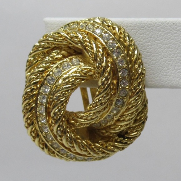 CHRISTIAN DIOR Signed Vintage Gold Tone Crystal Knot Clip-On Earrings - Picture 5 of 14